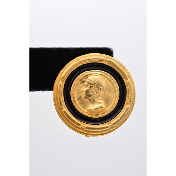 Vintage Roman Coin Earrings Brushed Gold Matte Black Enamel Chunky NOS 1980s 9E - Picture 7 of 12